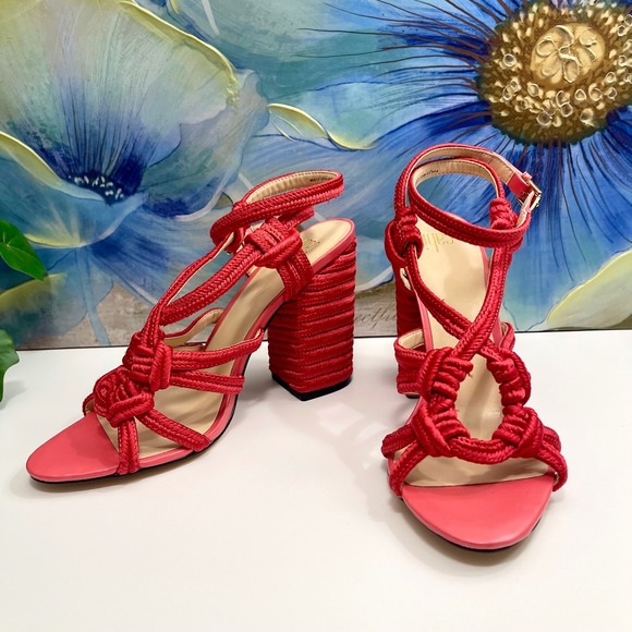 Cabi Tiptoe Knotted Rope Strappy Heeled Sandals Hibiscus Red Size 9 - Picture 3 of 12